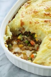 Because St. Patrick's Day is right around the corner, I thought sharing this oldie-but-goodie – my lightened up Shepherd's Pie, filled with lean ground beef, veggies, and topped with my skinny yukon gold mashed potatoes would be perfect for all you meat and potato lovers out there! This is so comforting and filling, it doesn't taste light!