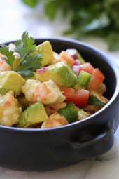 Lime juice and cilantro are the key ingredients to creating this wonderful, healthy salad you'll want to make all summer long. Made with cooked peeled shrimp and the freshest ingredients – avocados, tomatoes, red onion, cilantro and chopped jalapeño tossed with some freshly squeezed lime juice and a touch of olive oil.