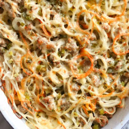 Spiralized turnips, carrots and potatoes baked with turkey in a light cream sauce finished with grated Gruyere cheese – a dish worthy for your Holiday table.