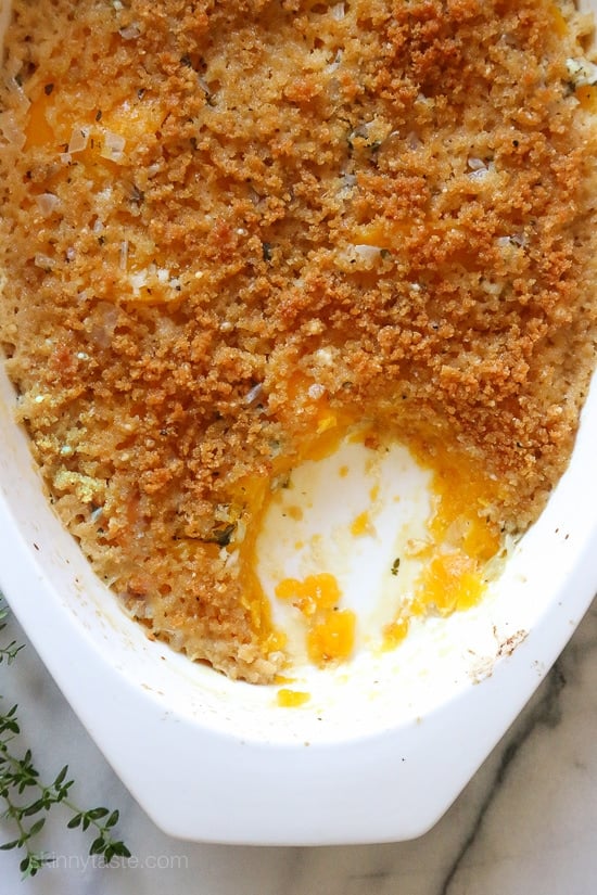 Gratin's are usually loaded with butter and cream, this lightened version is healthier and flavorful, you won't miss all the cream! A perfect side dish for Turkey or Roasted Chicken. 