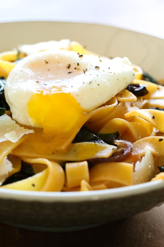 Pasta, greens and poached egg are one of my go-to, no-fuss weeknight combinations in the winter when I'm hungry and need dinner on the table quick. I always have eggs, pasta and some type of green vegetable on hand, for this I used Swiss chard, but spinach, escarole or kale would also work.