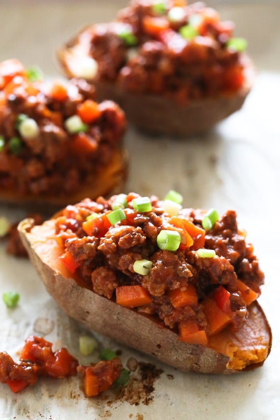 Swapping bread for sweet potatoes makes eating a Sloppy Joe so much healthier! One serving is just 259 calories, and also happens to be gluten-free, dairy-free, whole30 compliant and paleo.