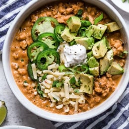 A delicious, creamy White Bean Turkey Chili recipe made with canned white beans, ground turkey, aromatics and spices – no tomatoes!