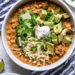 A delicious, creamy White Bean Turkey Chili recipe made with canned white beans, ground turkey, aromatics and spices – no tomatoes!