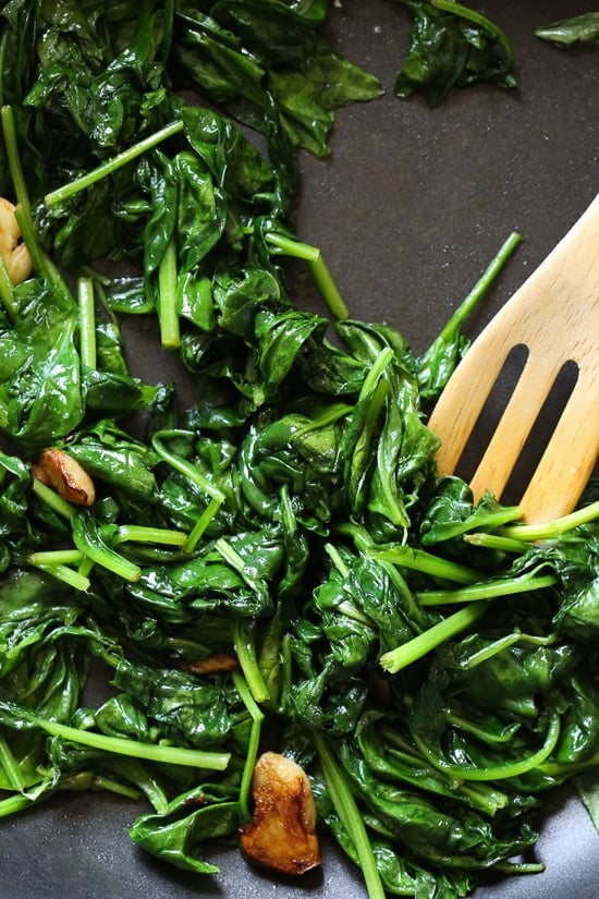 Wilted Baby Spinach with Garlic and Oil is my favorite way to prepare this easy side dish.