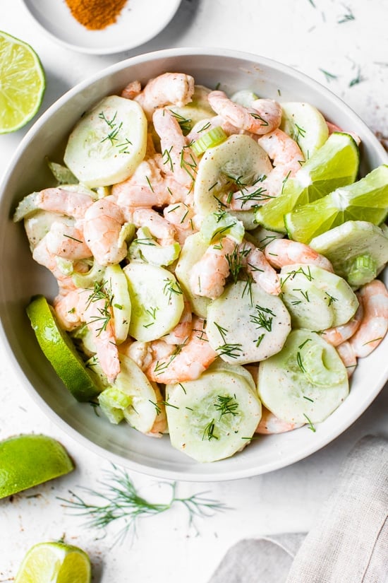 This Creamy Shrimp and Celery Salad is seasoned with Old Bay and lime juice and mixed in a light creamy sauce.