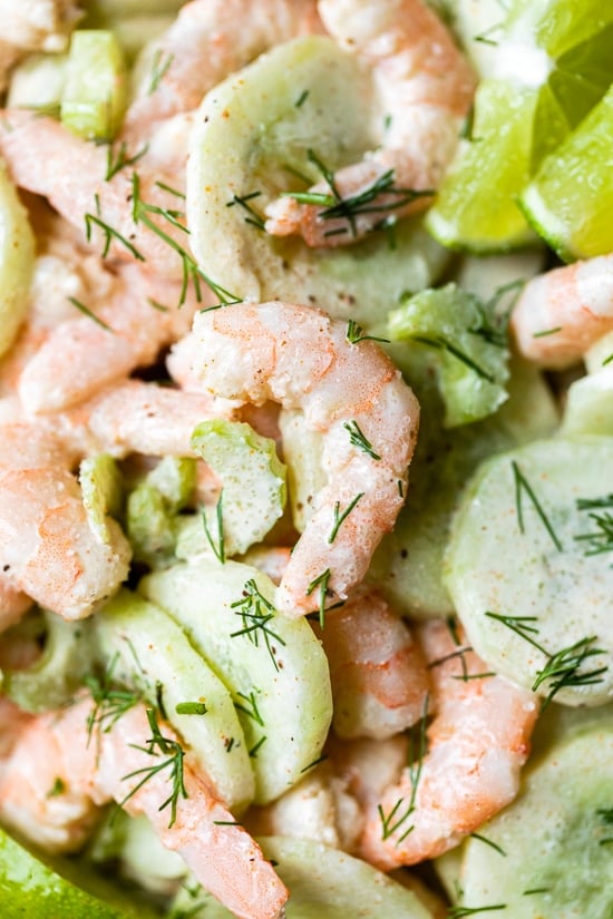 This Creamy Shrimp and Celery Salad is seasoned with Old Bay and lime juice and mixed in a light creamy sauce. 