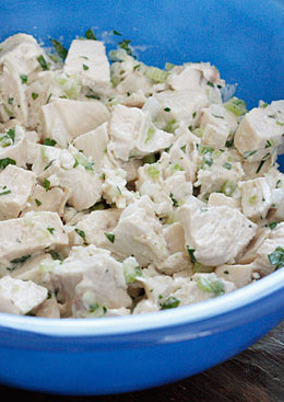 This lightened Classic chicken salad made from scratch uses far less mayonnaise that most recipes call for. It comes out tender and delicious, perfect on a bagel, served over lettuce or in a wrap.