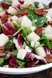Sweet Autumn pears, honey Dijon dressing, crunchy pecans, and gorgonzola cheese. I love a good salad with lots of texture and flavors, this salad is a healthy addition to your Fall table. Simple and elegant, apples can be substituted for pears if you wish.