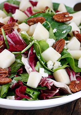 Sweet Autumn pears, honey Dijon dressing, crunchy pecans, and gorgonzola cheese. I love a good salad with lots of texture and flavors, this salad is a healthy addition to your Fall table. Simple and elegant, apples can be substituted for pears if you wish.