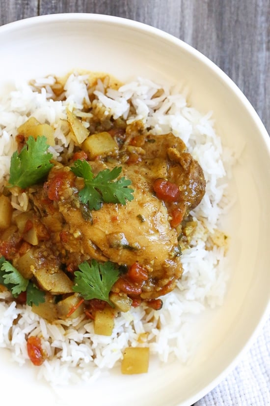 Chicken, garam masala, cumin and curry spices are simmered with potatoes and coconut milk to give this dish an aromatic flavor you'll really enjoy. Serve this over basmati rice for a complete meal (also great with naan or cauliflower rice to keep the carbs low).