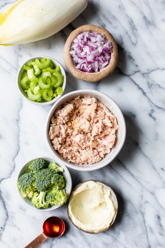 Tuna Salad loaded with veggies served in endive leaves make a quick and easy, low-carb lunch.