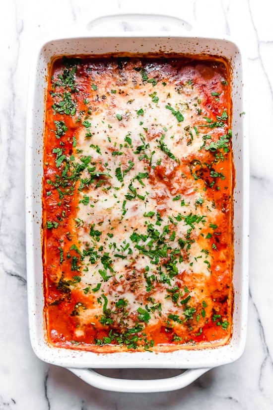 This Lighter Eggplant Parmesan is one of my favorite ways to eat eggplant. No breading, no frying, just eggplant, cheese and marinara.