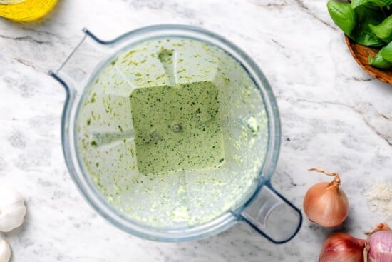 Basil cream sauce in blender.