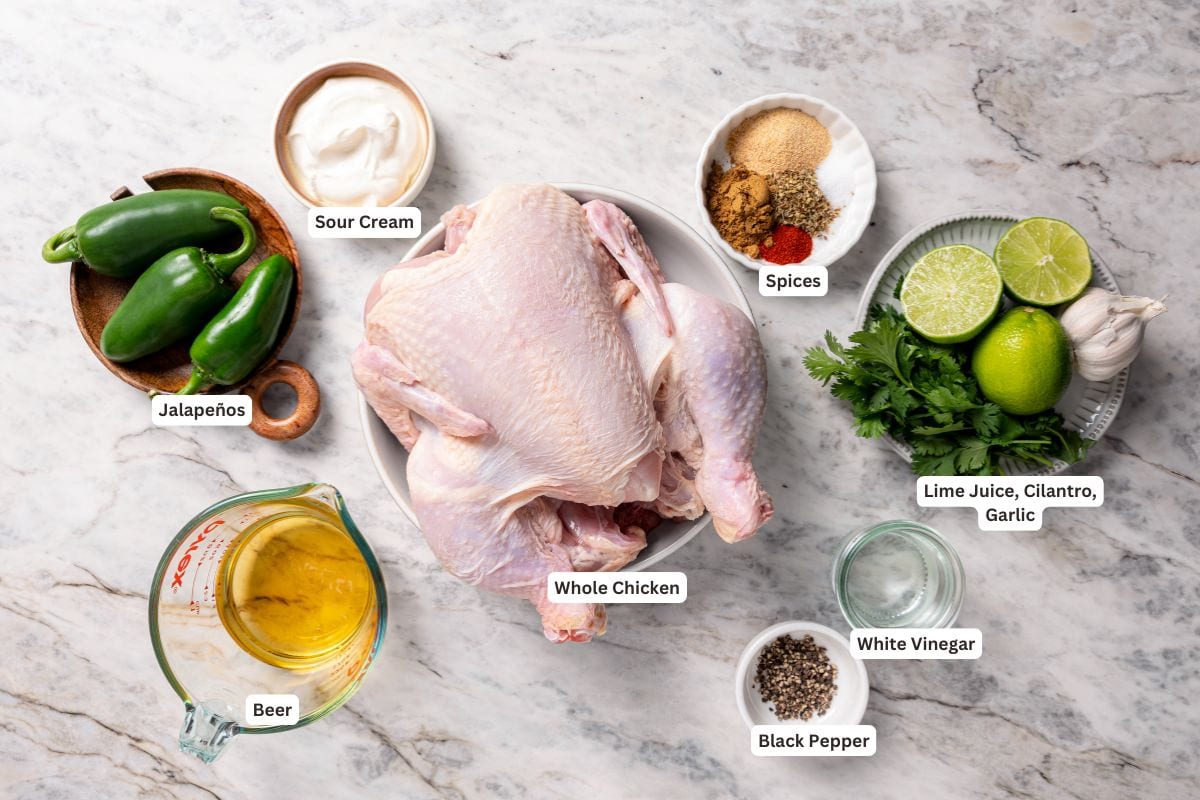 This juicy, restaurant-style Peruvian chicken is marinated overnight and oven-roasted for golden, crispy skin. Served with spicy green sauce. Ingredients for Peruvian roasted chicken with aji verde sauce.