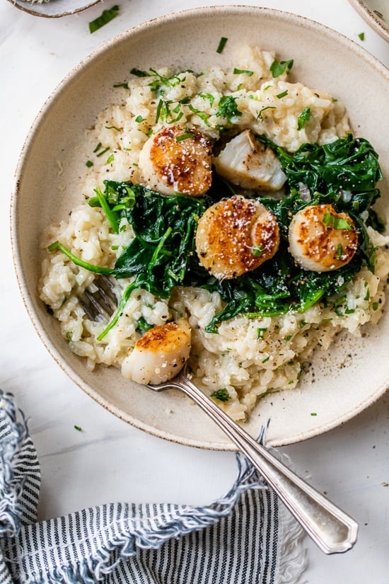 Scallops over Wilted Spinach Parmesan Risotto