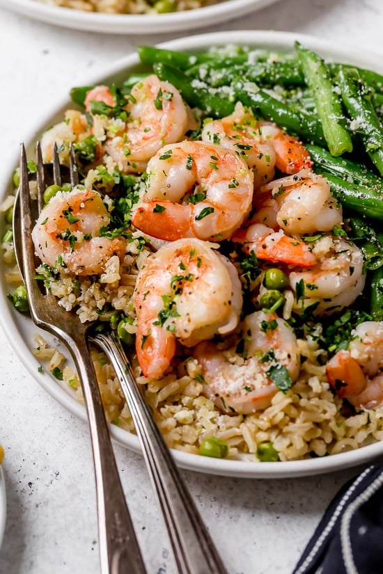 We love this quick and easy shrimp, peas, and rice dish that can be made with white or brown rice. 