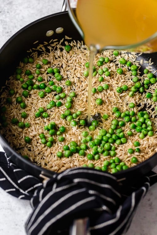 rice and peas in skillet