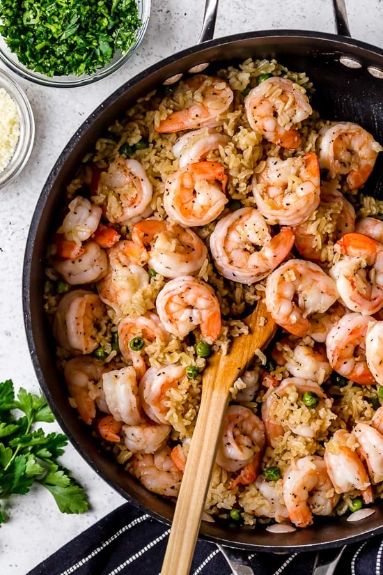 I love this quick and easy shrimp, pea and rice dish that can be made with white or brown rice. 