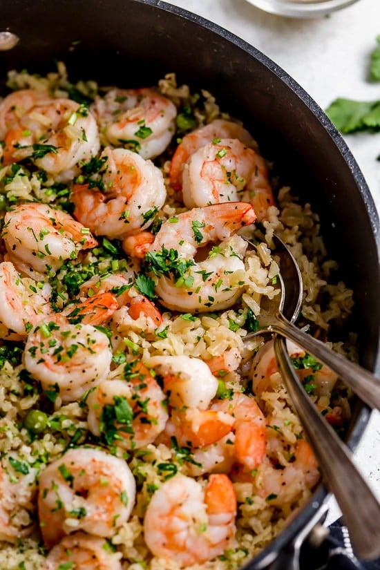 I love this quick and easy shrimp, pea and rice dish that can be made with white or brown rice. 
