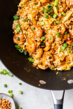 Spicy Shrimp Fried Rice made healthier using leftover cooked brown rice, a delicious whole grain that's high in fiber, so it fills you up.