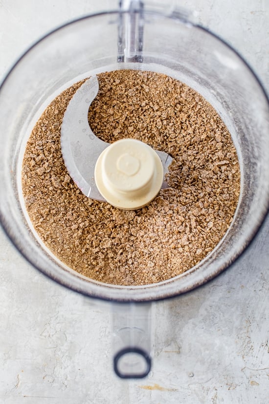 Crushed bran flakes in food processor.