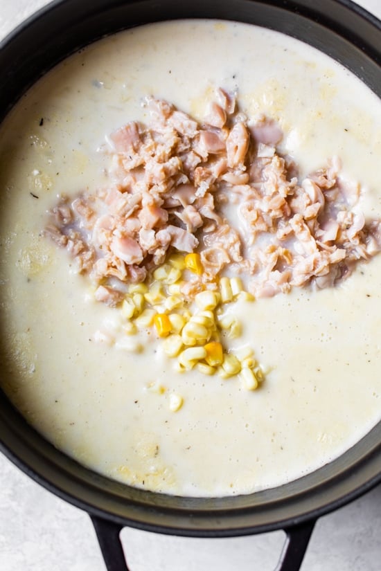 This lighter Clam Chowder, full of canned clams, potatoes, and corn, is still creamy but with less fat than most other versions.