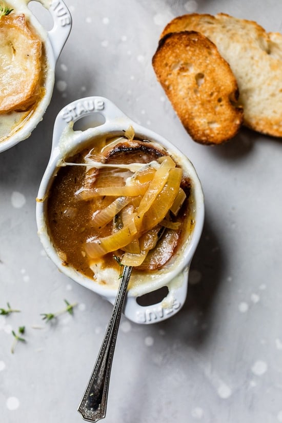 French onion soup is one of my favorite soups, we order it all the time at our neighborhood restaurant but it's just as easy to make from scratch and so much lighter.