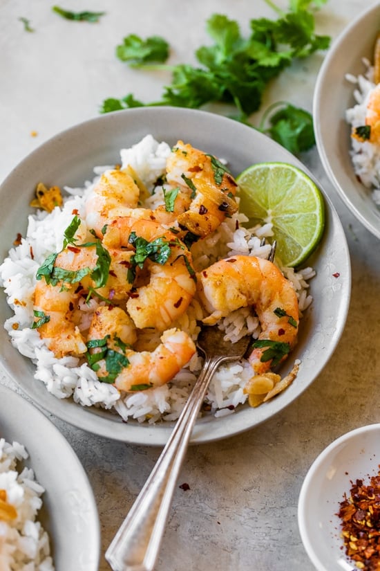 shrimp with rice in a bowl