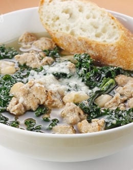 This hearty turkey sausage, kale and white bean soup is loaded with fiber and is a very satisfying meal on a chilly evening. Top this with some good grated cheese like Parmigiano Reggianno or Locatelli (I always splurge on grated cheese) and a nice piece of crusty bread for a wonderful meal for 4 under $10.