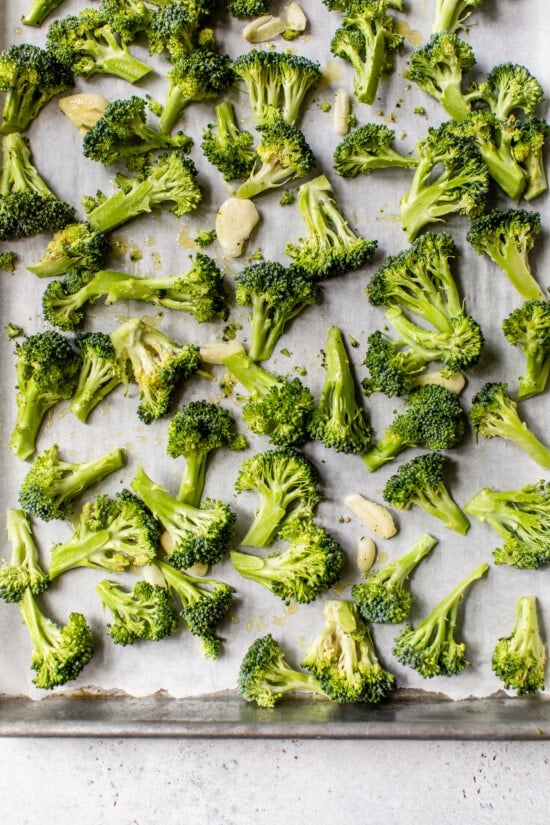 broccoli and garlic on a sheet pan