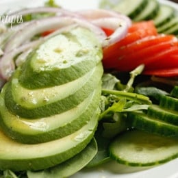 I always have Haas avocados in my house. I love them in my soup, in my sandwiches, in guacomole or in a simple salad such as this.This healthy salad makes a perfect side dish for shrimp, chicken or steak.