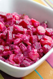 Red beets, cilantro, carrots, onion and mayonnaise, a perfect side dish at your next BBQ that goes great with chicken, fish or steak. If you haven't tried beets yet, I promise you this is delicious. This was the recipe that got me to love beets. Similar to a potato salad without all the points. Hubby liked it too to his surprise, even had seconds!
