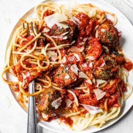 These amazing Italian Beef and Spinach Meatballs would make my husband's Italian family proud! I snuck some spinach in the meatball mix, but I promise even the pickiest of eaters will love them!