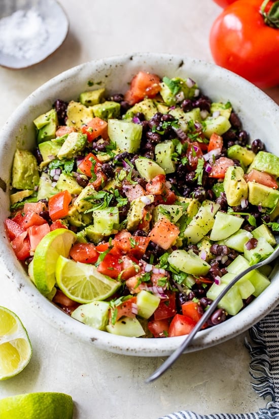 black bean salad with cucumbers and tomatoes