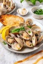 Plate of steamed clams with basil, lemon wedges, and toast.