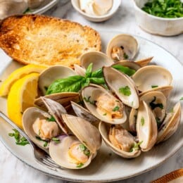 Plate of steamed clams with basil, lemon wedges, and toast.