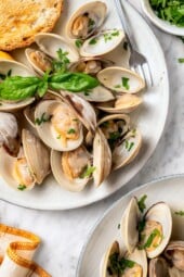 Steamed clams on platter with fresh basil.