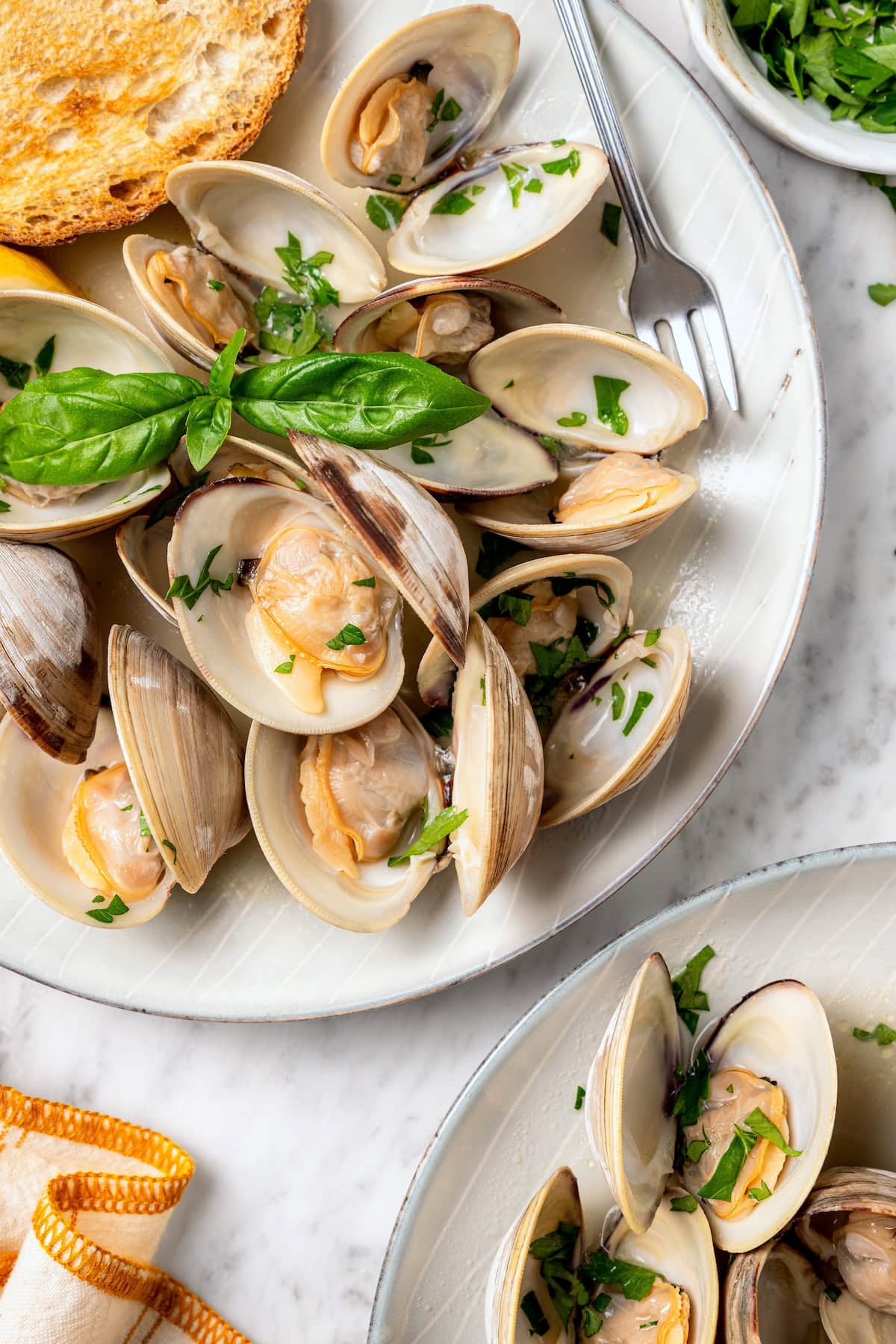 Steamed clams on platter with fresh basil.