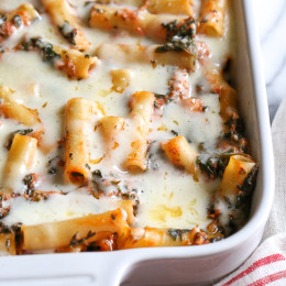 Baked ziti is a favorite comfort dish in my home! Adding spinach is a quick and easy way to get more leafy greens into your family's diet without complaints.