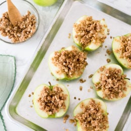 Baked apples topped with oats, cinnamon and a touch of brown sugar. Easy to make and a great way to use up those apples this Fall!
