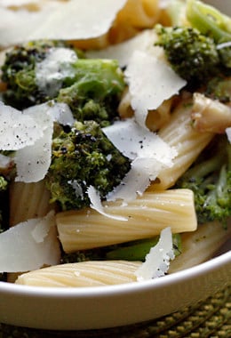 This easy and quick pasta dish is a guaranteed way to get picky eaters to love their broccoli, just roast it with garlic and olive oil!