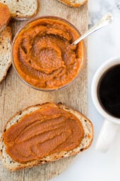 Pumpkin lovers will love this easy, pumpkin butter recipe made from scratch. It's delicious smeared on toast, oatmeal, yogurt, and more!