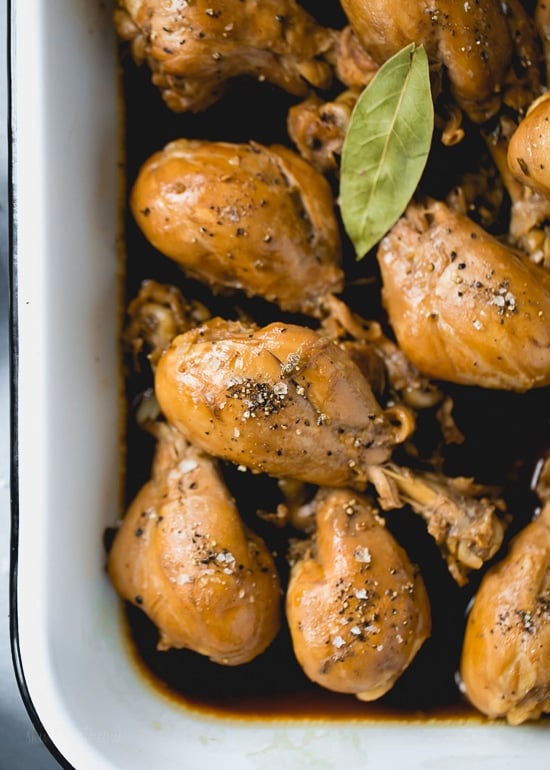 Filipino Adobo Chicken – Chicken braised in vinegar and soy sauce with plenty of garlic. This easy and delicious chicken dish has become a staple in our house. When this simmers, your kitchen will be filled with an intoxicating sweet and sour scent that will make you want to eat.
