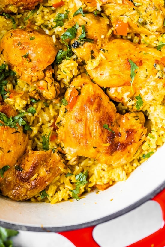 Authentic Arroz Con Pollo, or Latin chicken and rice, is the ultimate one-pot meal. It’s a classic Colombian dish that I grew up on that I now love to cook for my family.