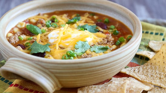 This quick and easy Turkey Chili Taco Soup, filled with beans, tomatoes and corn is one of my favorite soups for lunch! It takes just 20 minutes to cook but it tastes like it was simmering for hours!