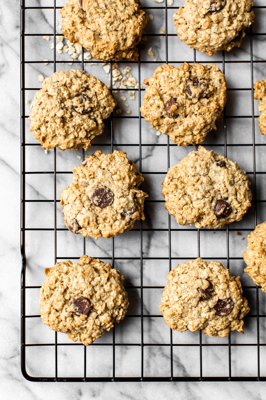 These Chewy Chocolate Chip Oatmeal Cookies are moist and made light by swapping out most of the butter for applesauce which works great!