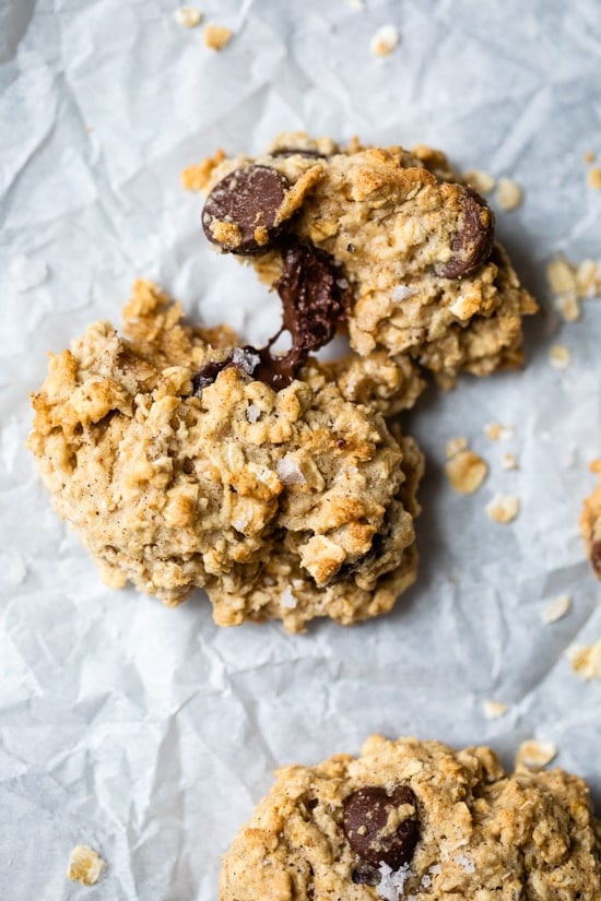 These Chewy Chocolate Chip Oatmeal Cookies are moist and made light by swapping out most of the butter for applesauce which works great!