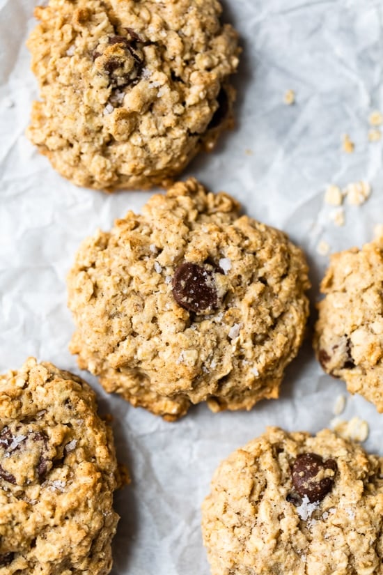 These Chewy Chocolate Chip Oatmeal Cookies are moist and made light by swapping out most of the butter for applesauce which works great! 