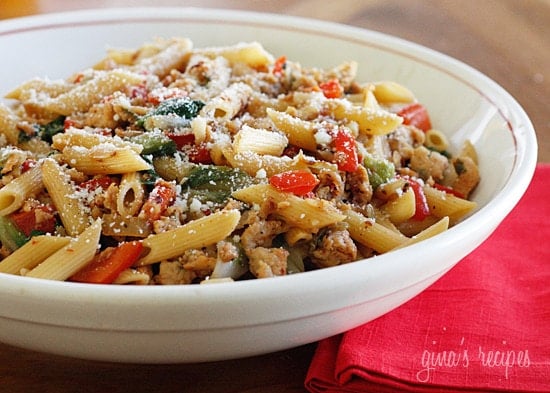 A bowl of Pasta with Italian Chicken Sausage, Peppers and Escarole